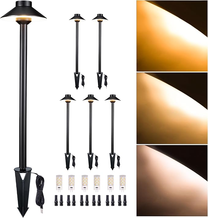 Gardenreet Low Voltage Landscape Lighting Brass, Warm & Neutral White Adjustable 12v Pathway Lights Waterproof, Black Path Light for Outdoor Exterior Area Patio House with 3W 270LM G4 Bulb (6 Pack)