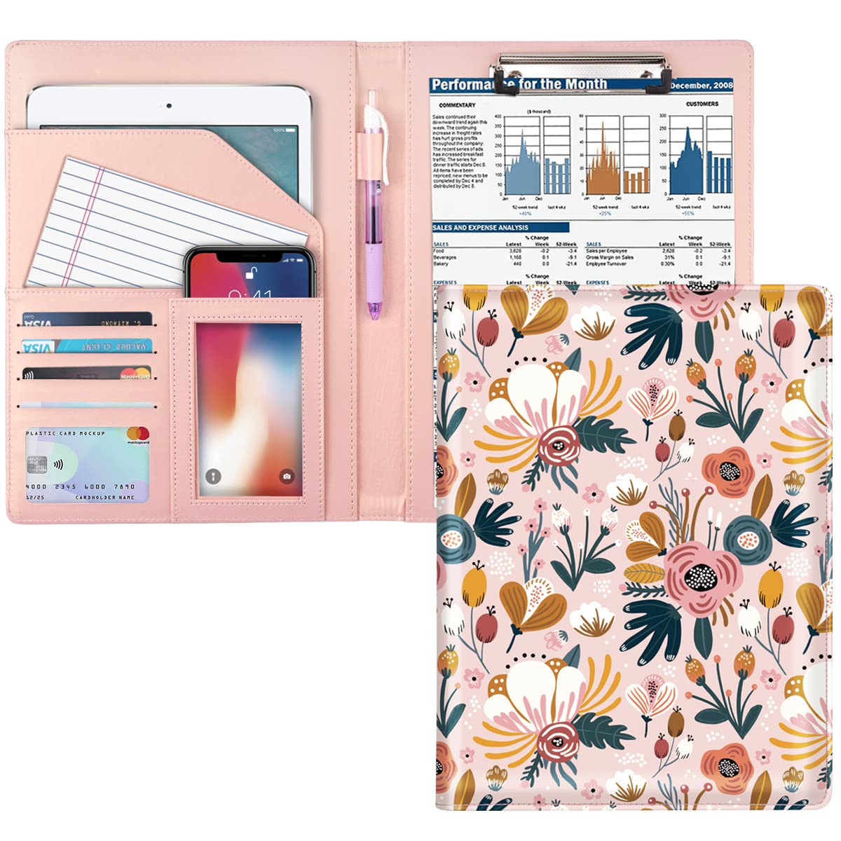 WAVEYU Portfolio Case for Women, Cute Floral Padfolio Cover for Girls, Conference/Resume/Legal Document Organizer with Letter/A4 Size Clipboard Hardboard, Business Card Holders, Pink Flower
