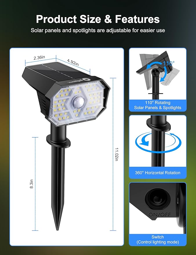 Brightown 4 Pack Solar Motion Lights Outdoor Waterproof, Motion Sensor Spot Lights- 58 LED/3 Modes Solar Powered Spotlights 2-in-1 Auto On/Off for Outside Yard Wall Garden, Cool White