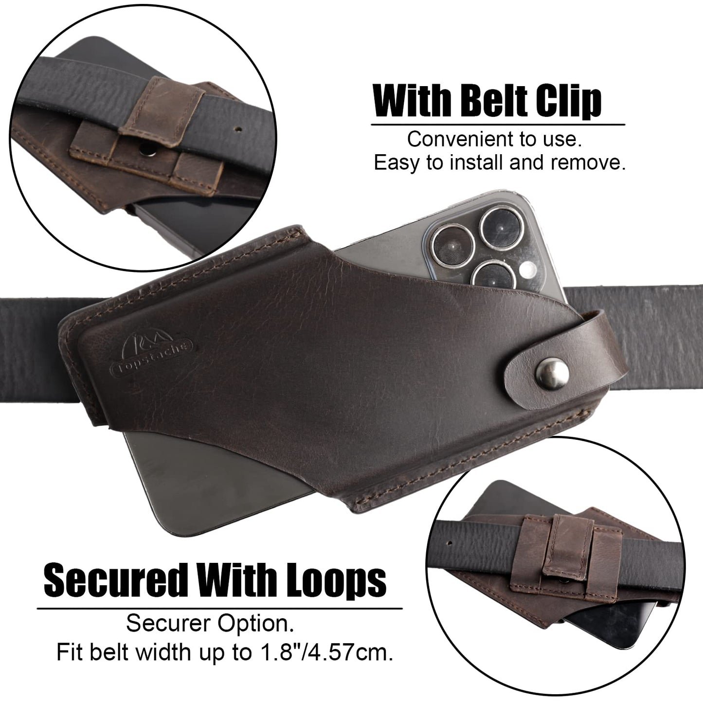 Topstache Leather Phone Holster with Belt Clip for iPhone 17/16/15 Pro Max & Plus - Magnetic Closure Cell Phone Case for Galaxy S25/S24 Ultra - Leather Belt Holder Loop Case, L,Darkbrown