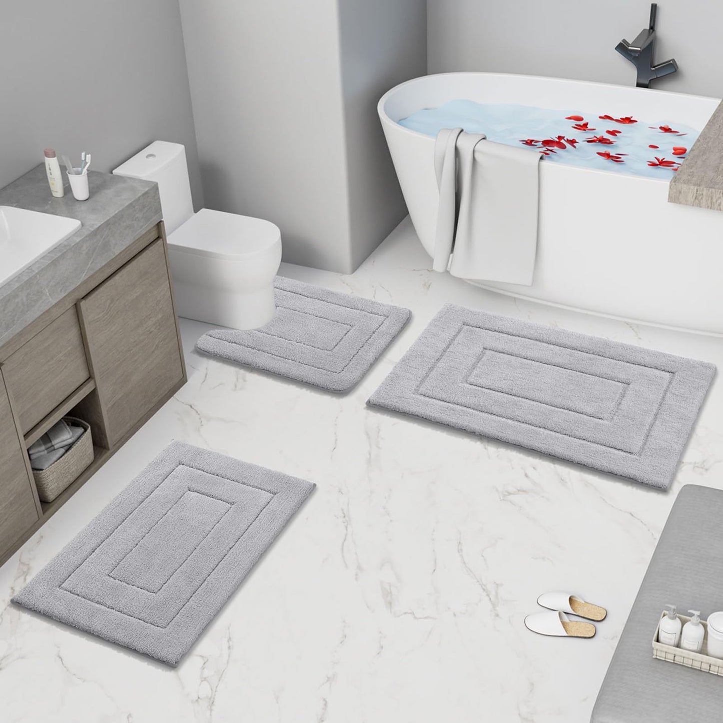 Buganda Bathroom Rugs, 24" x 16", Soft and Absorbent Microfiber Bath Rugs, Non-Slip Shaggy Shower Carpet, Machine Wash Dry Bath Mats for Bathroom Floor, Tub and Shower, Grey