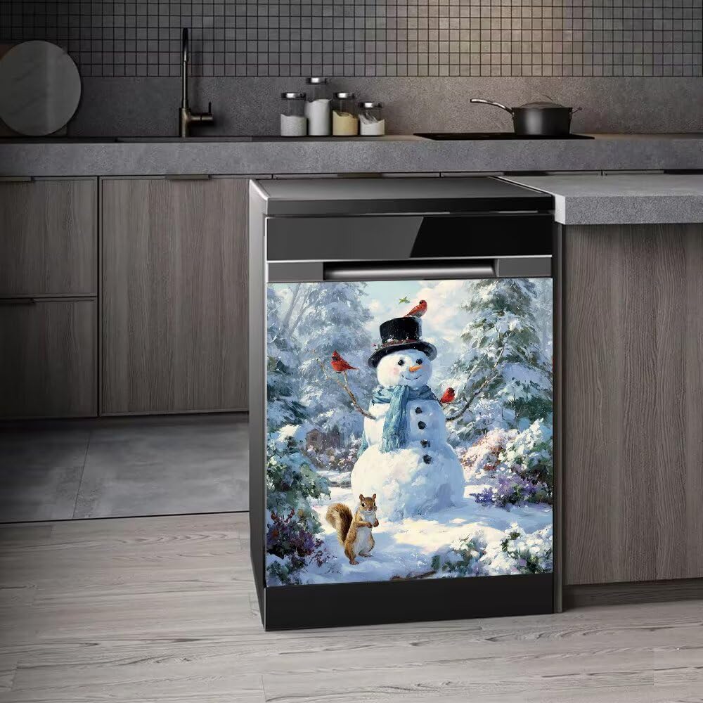 Dishwasher Magnet Cover, Snowman Dishwasher Magnetic Decorative, Winter Snow Dishwasher Magnet Covers for Front, Xmas Tree Refrigerator Magnets Sticker for Home Kitchen Decor, 23"x26"