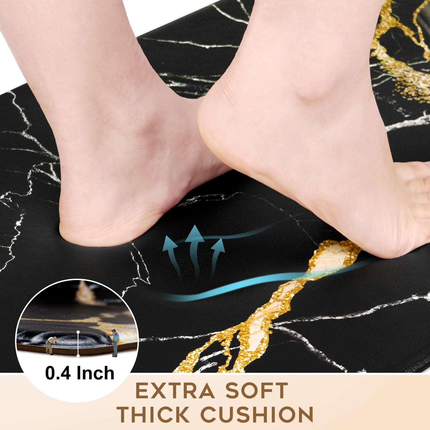 ASPMIZ 2 Piece Marble Kitchen Runner Rugs Set, Anti Fatigue Cushioned Kitchen Floor Mats, Black Gold Marble Kitchen Rugs Non Slip, PVC Waterproof Kitchen Mats for Sink, 18'' x 48'' + 18'' x 60''