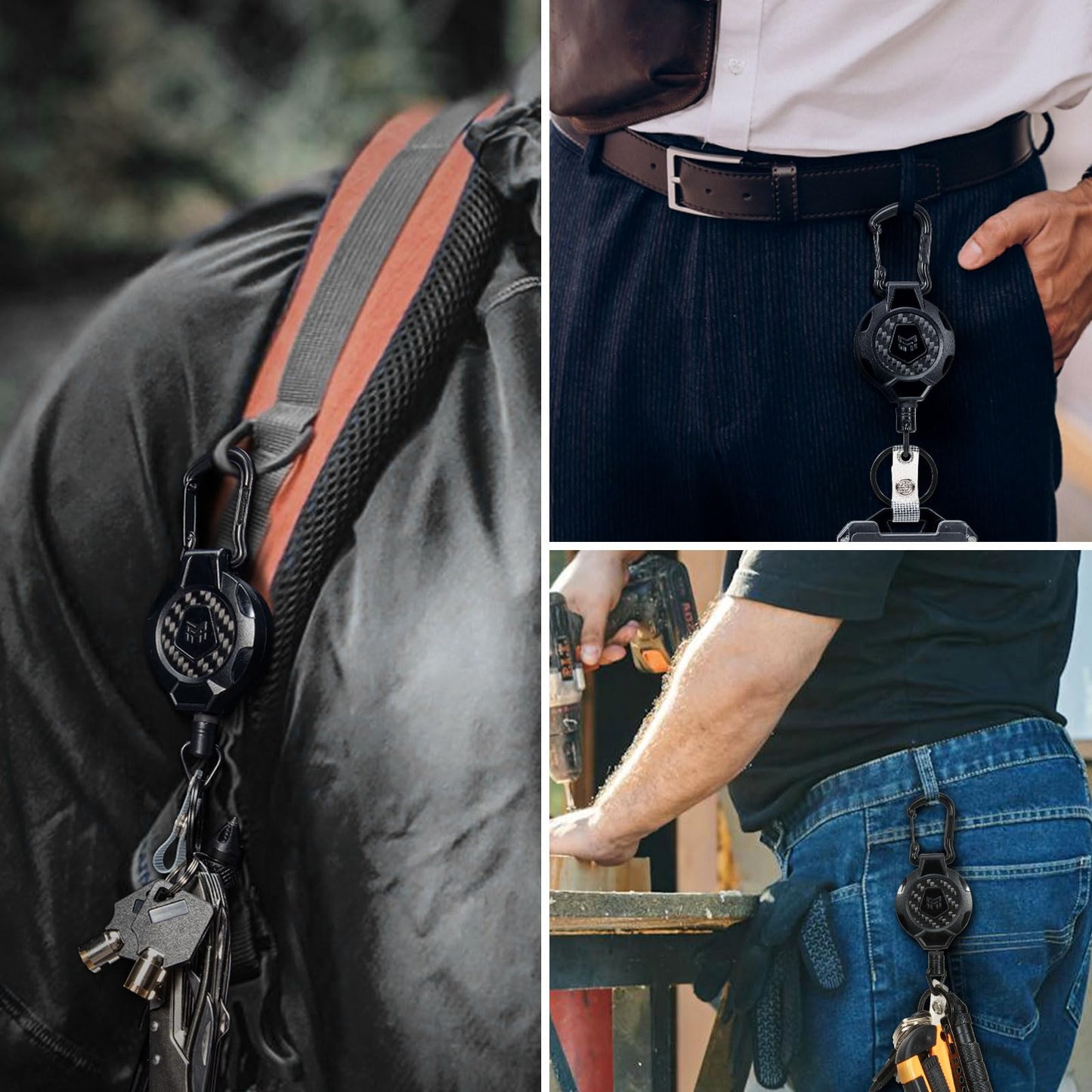 MNGARISTA Heavy Duty Retractable Keychain Lanyard,10 OZ Retraction 31.5" Stainless Steel Cable, 2 Pack Carbon Fiber Badge Reel ID Holder with Tactical Carabiner Clip for Work Officer Security Staff