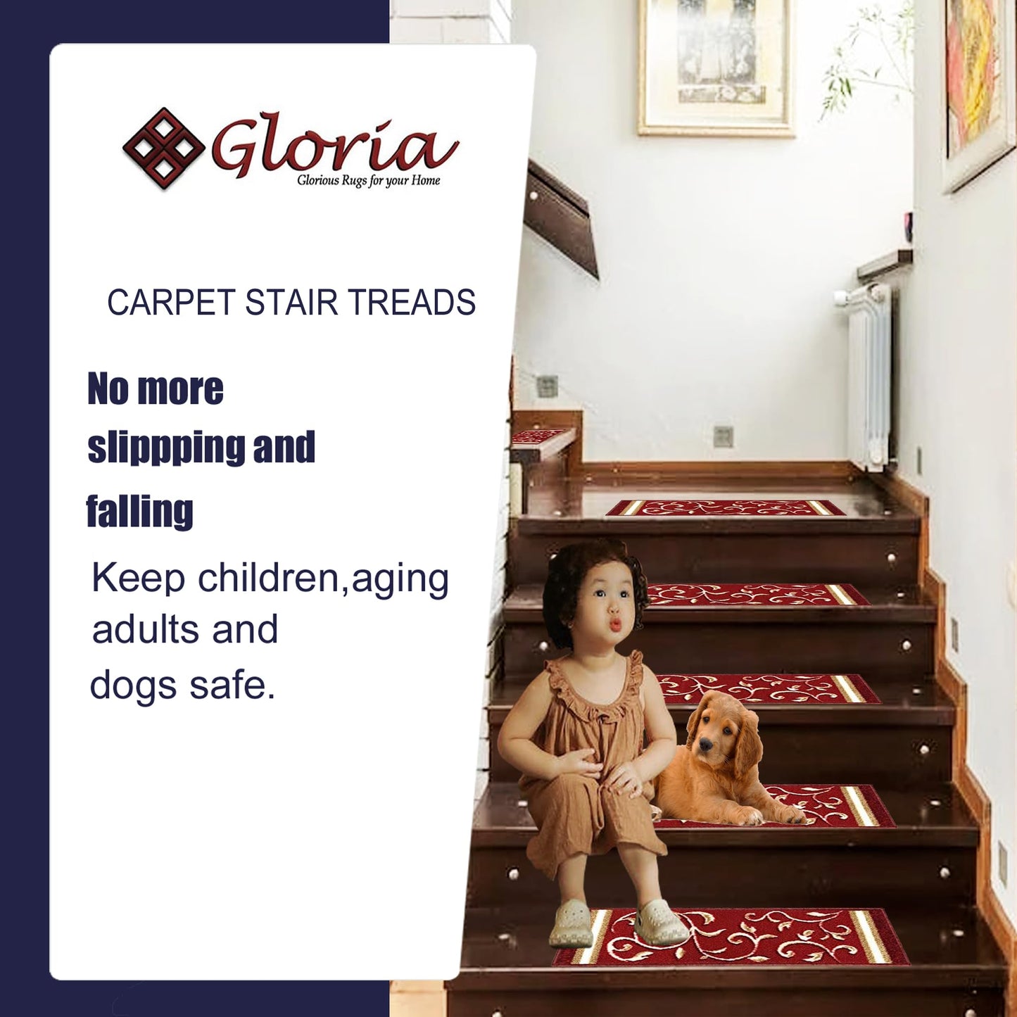 Gloria Stair Treads Carpet Non-Slip Stair Runners for Wooden Steps Non Slip Rubber Back Stair Rugs Stairway Carpet Set of 7 Red Floral (8.5” x 26”)