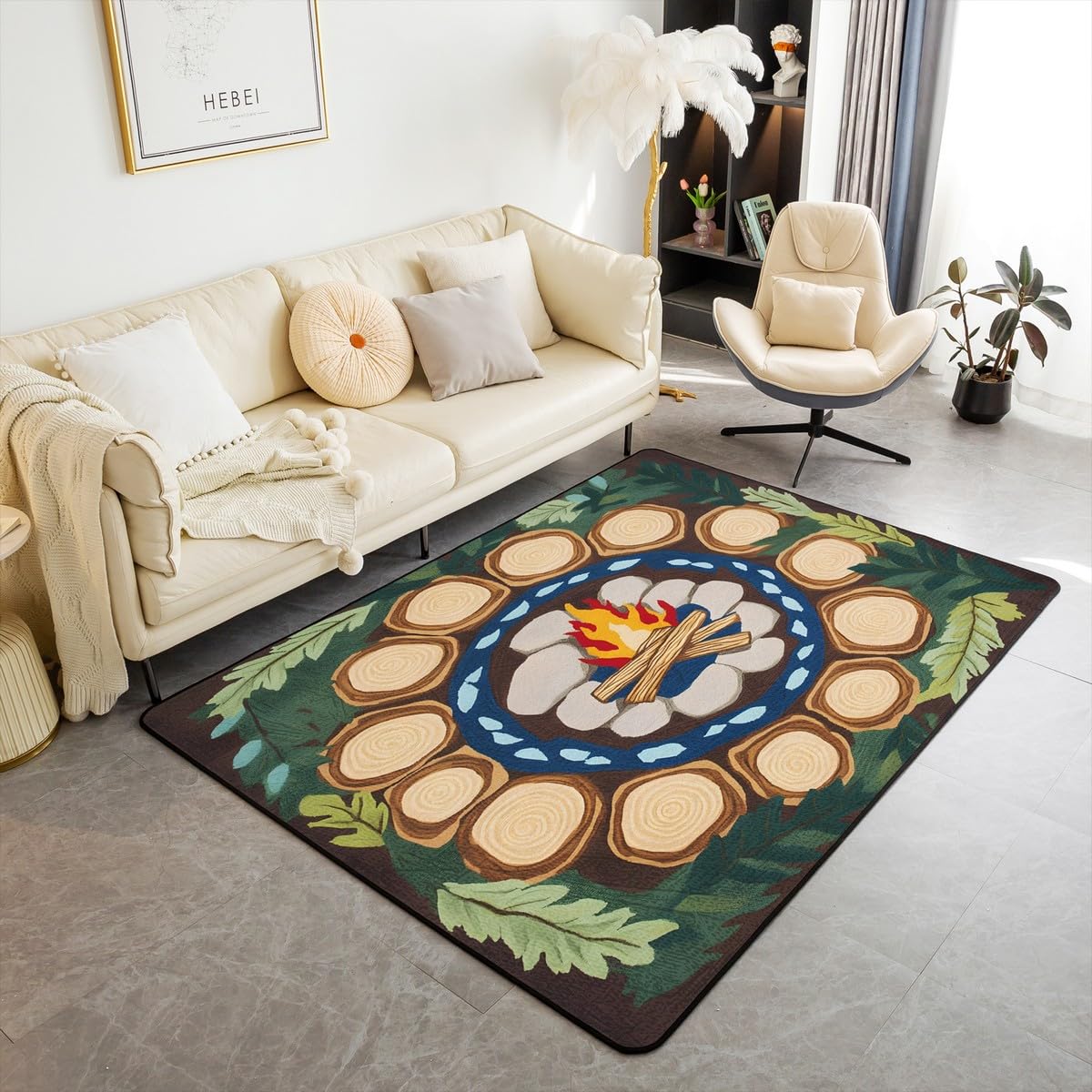 Feelyou Campfire Fun Living Room Rugs Tree Stump Area Rug 5x7 for Kids Boys Girls Woodland Tree Themed Decorative Carpet Campsite Summer Indoor Floor Mat Green Classroom Rug