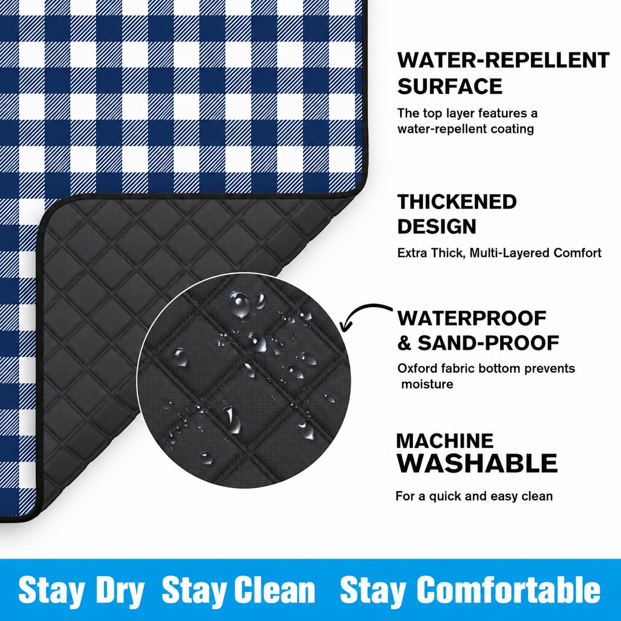 TigeJoy Extra Large Picnic Blanket Waterproof Foldable 80''x80'', Outdoor Picnic Mat Beach Blanket Sandproof for Park, Grass, Travel, Hiking, Camping Essentials, Gingham Picnic Blanket