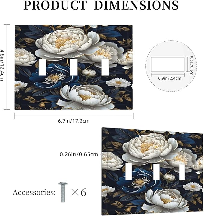 White Gold Blue Flower Light Switch Covers 3 Gang Triple Toggle Wall Plate Decorative Switchplate Electrical Faceplate for Farmhouse Living Decor