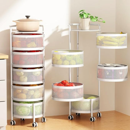 JAQ No Assembly 5-Tier Kitchen Storage Cart with Wheels, Rotating Produce Organizer for Onion, Potato & Vegetable Storage, Large Capacity Pantry Rack, White