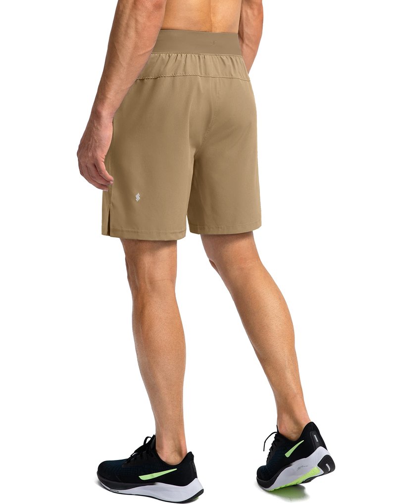 Soothfeel Men's Running Shorts with Zipper Pockets 7 Inch Lightweight Quick Dry Gym Athletic Workout Shorts for Men (Dark Khaki, S)