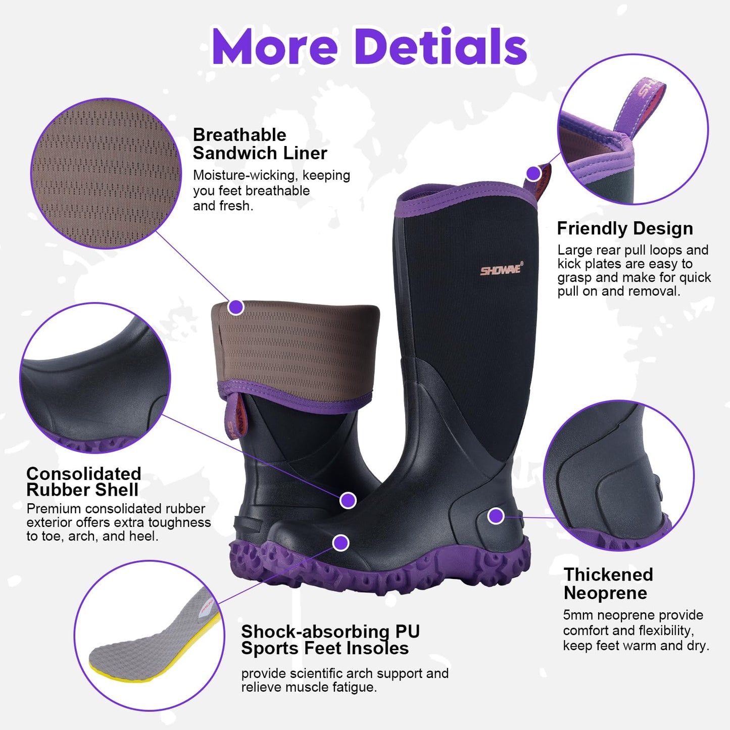 Showave Women's Rain Boots Tall Insulated Rubber Boots for Women Neoprene Waterproof Boot Durable Mud Boot for Gardening Farming Fishing(Purple,Size 7)