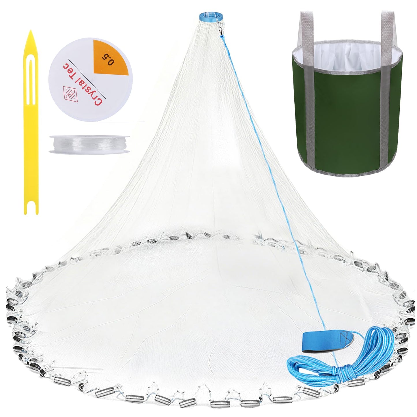 Handmade American Cast Net, Yeahmart Casting Fishing Net for Bait Trap Fish, Throw Nets with Zinc Sinker Weights Fishing Bucket for Freshwater & Salt Water (4 Ft, 1/2 Inch Mesh Size)