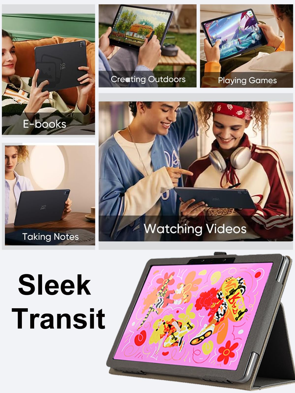 Tablet Case Work with XPPEN Magic Drawing Pad 12.2 inch, Protective Tablet Cover Sleeve with Pen Holder to Securely Store Stylus, Stand Function, Handheld Band, Shock Resistant (Slate Black)