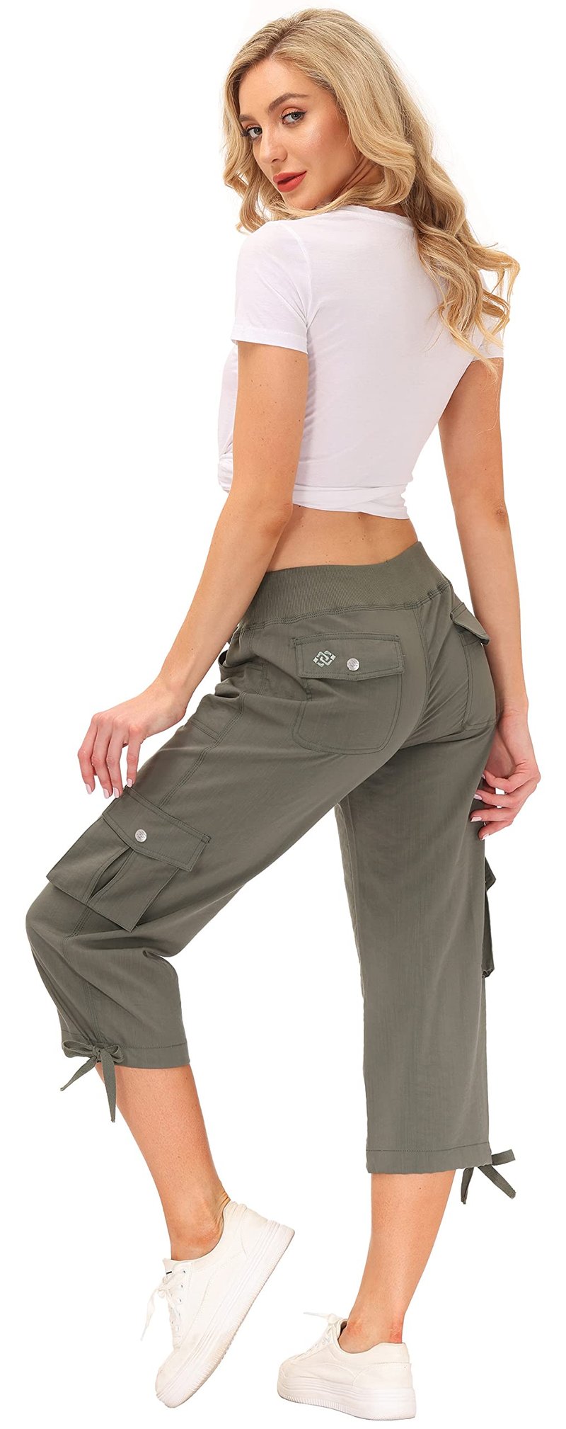 MoFiz Women's Cargo Capris Hiking Pants Lightweight Quick Dry Running Outdoor Casual Shorts Button Pockets UPF 50+ Army Green S