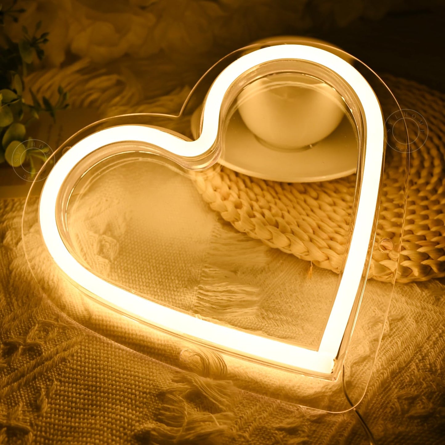 SYLHOME Heart Led Neon Light Sign Battery Operated or USB Powered Bedroom Wedding Wall Sign Decor Valentines Day Birthday Christmas Gifts USB 7.87" X 7.28" Warm White