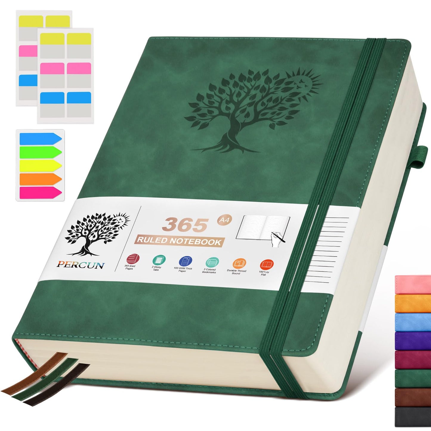 PERCUN A4 Lined Journal Notebook，365 Page Large Leather Journals for Writing Women Men，Hardcover Notebook with 100Gsm Thick Pages for Travel，Work，School，College Ruled, Daily Diary (8.5" x 11.4")