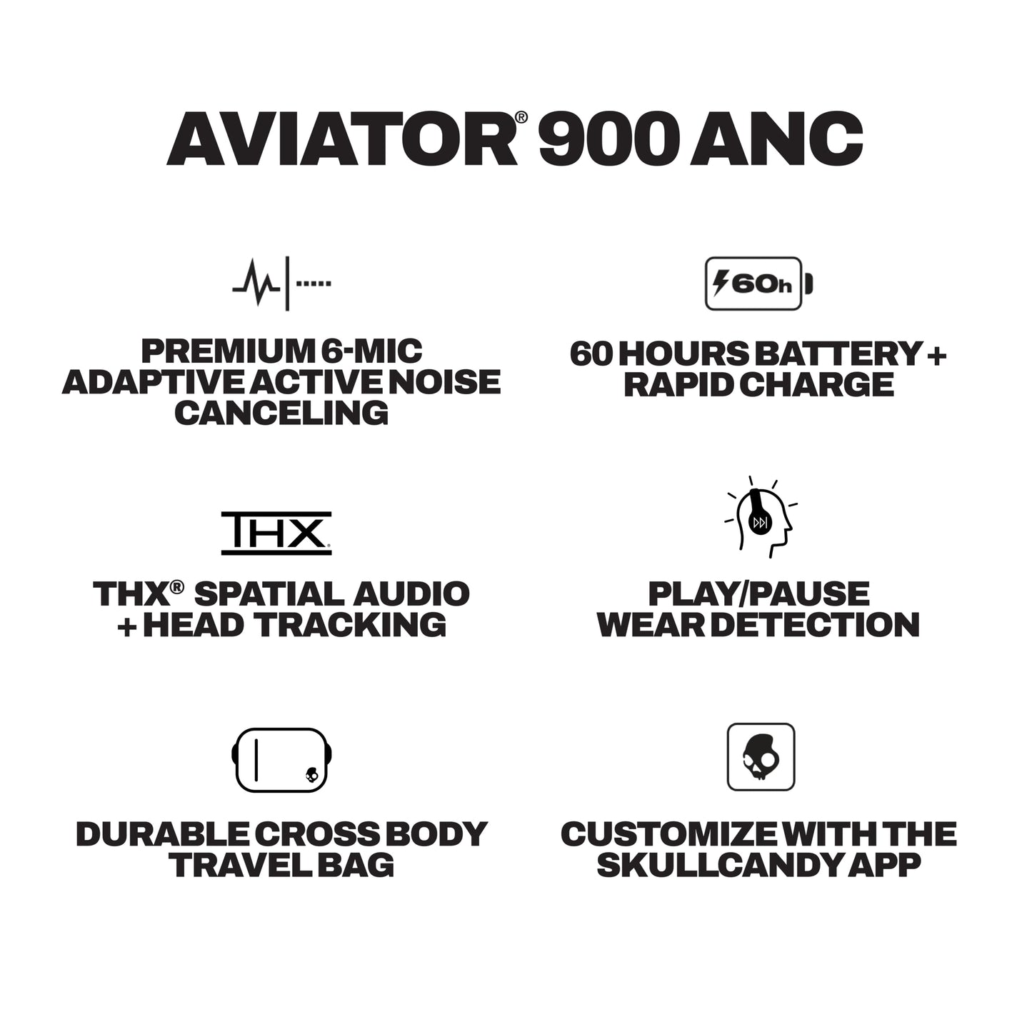 Skullcandy Aviator 900 ANC Wireless Over-Ear Bluetooth Headphones, THX Spatial Audio with Head Tracking, Adaptive Noise Cancelling, Up to 60 Hours Battery, Microphone for iPhone Android - True Black