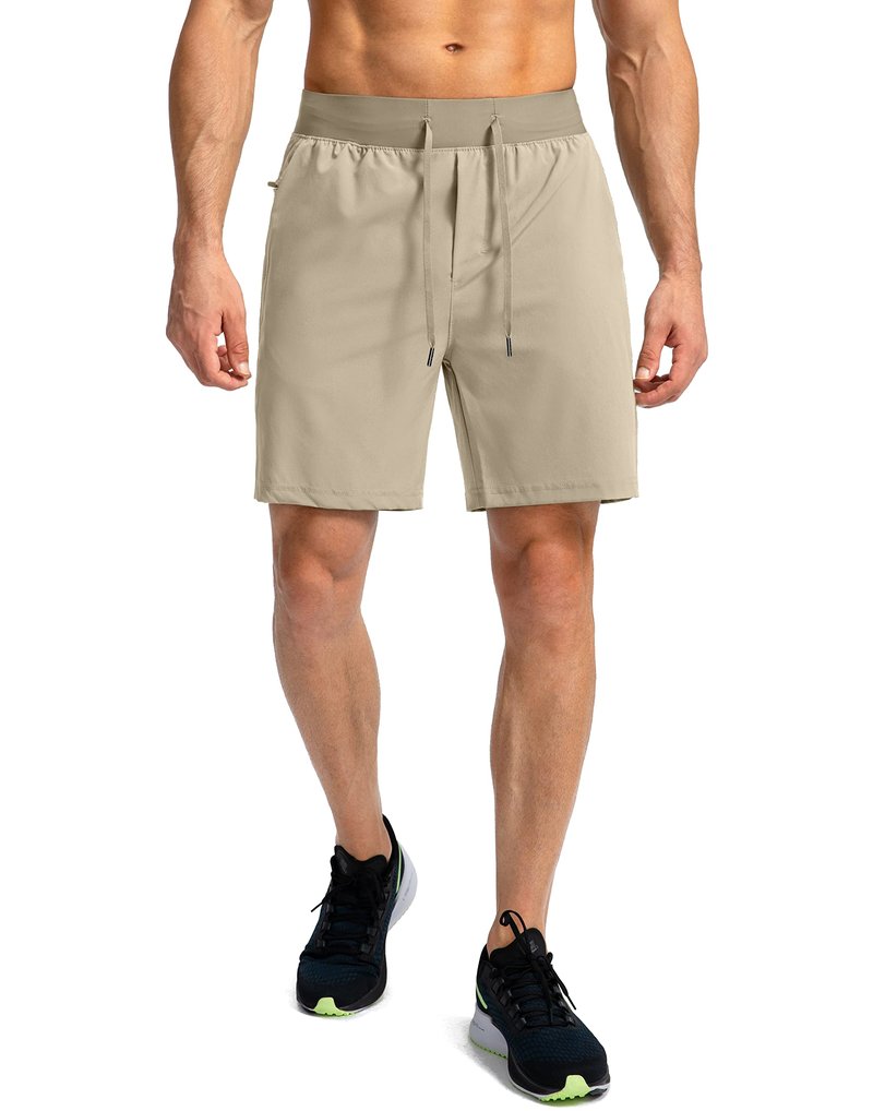 Soothfeel Men's Running Shorts with Zipper Pockets 7 Inch Lightweight Quick Dry Gym Athletic Workout Shorts for Men (Khaki, XXL)