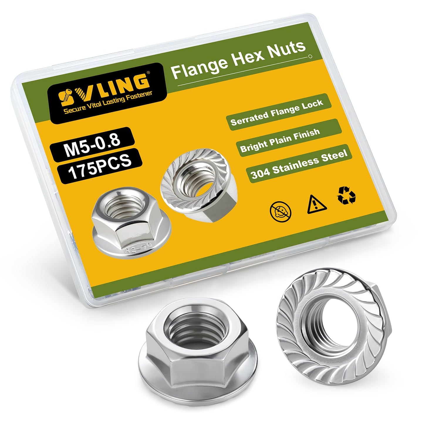 SVLING M5 Flange Nuts 175Pcs, Metric M5-0.8mm Serrated Flange Hex Nuts 304 Stainless Steel 18-8, Bright Plain Finish