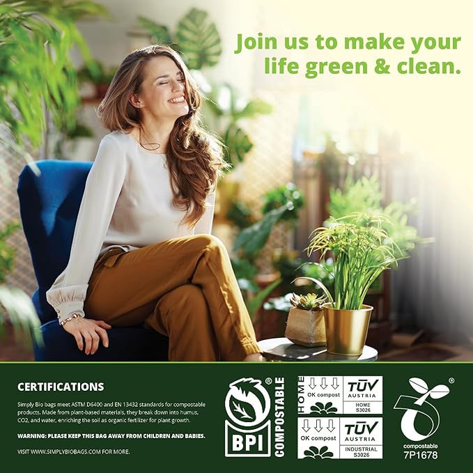 Simply Bio 1.6 Gallon Compostable Trash Bags Liners Handle, Heavy Duty Extra