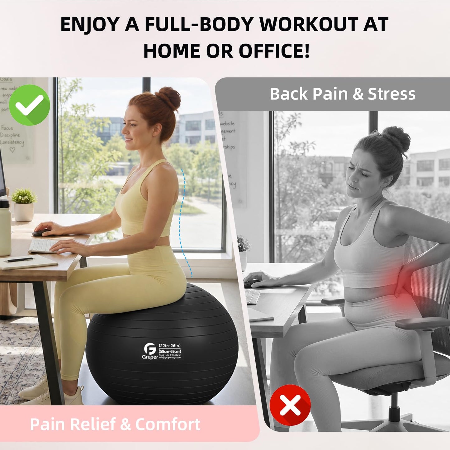 Gruper Exercise Ball, Extra Thick Yoga Ball for Working Out, Yoga & Pregnancy, 4 Sizes Anti-Burst Balance Ball with Foot Pump for Pilates, Physical Therapy & Fitness