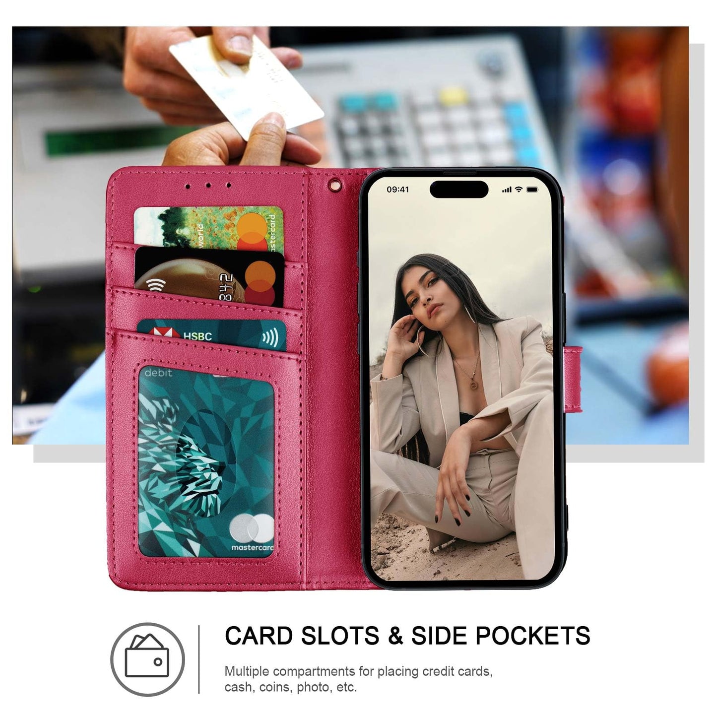 Ateeky Wallet Case for iPhone 16 Pro Max,[RFID Blocking] 3 Card Holder Stand with Credit Card Slot PU Leather Magnetic Protective Flip Cover for iPhone 16 Pro Max (Red)