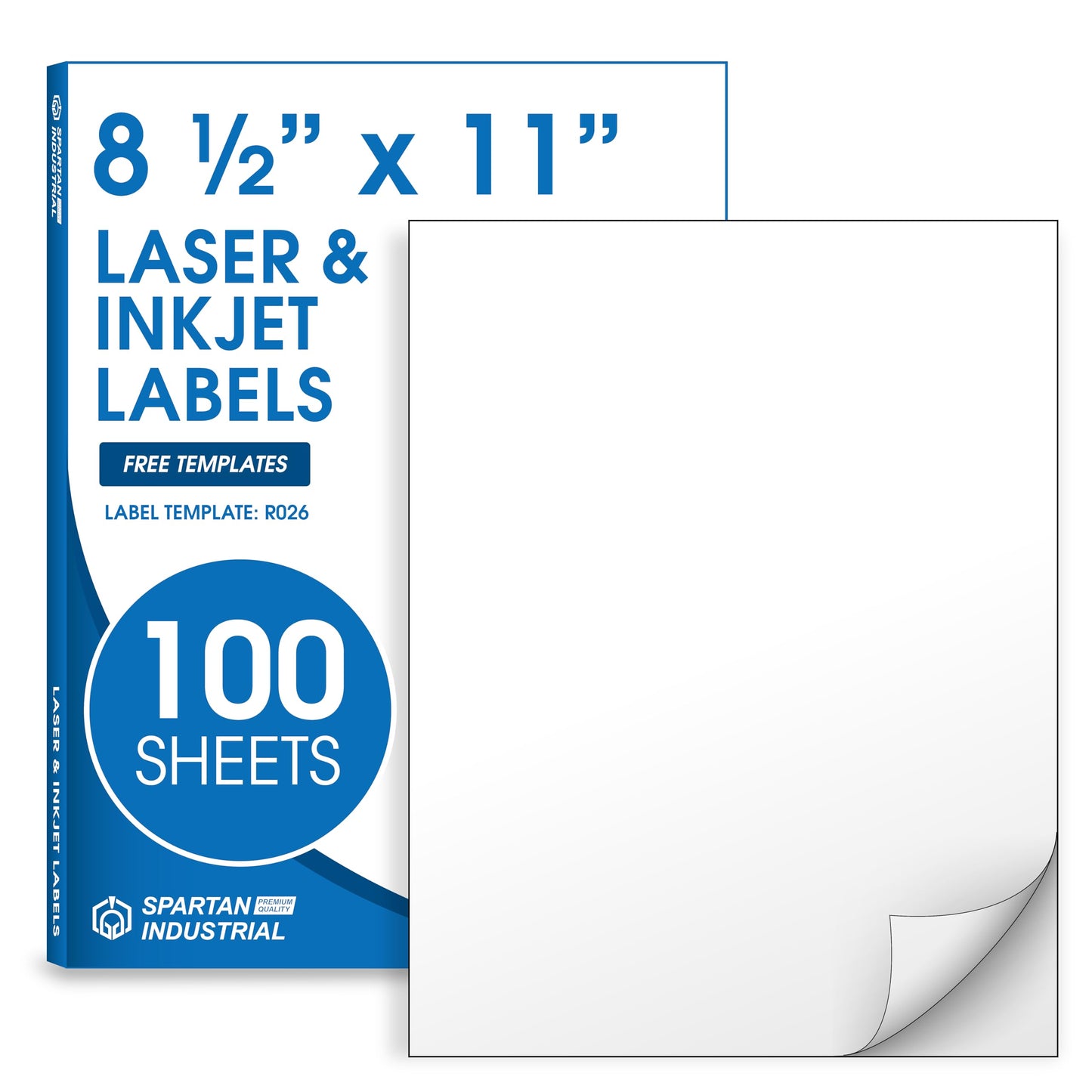 8.5" X 11" Matte White Full Sheet Labels (100 Sheets, 100 Stickers) Printable Sticker Paper for Laser & Inkjet Printers - Spartan Industrial Template R026