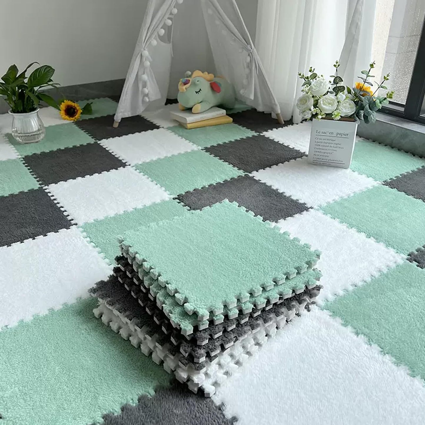 Washable EVA Foam Parlor Soft Bedroom Carpet, Sound Insulation Home Interlocking Floor Mat, Shaggy Thick Fluffy Area Rugs Mat, Can Be Cropped,protect Floor, 12 Pieces (1 Piece 30*30cm). ( Color : Styl