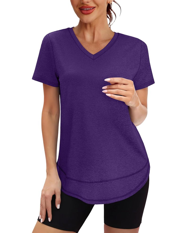 Workout Tops for Women Spring Summer Short Sleeve Golf Outfits Gym Essentials Activewear Running Shirts V Neck Purple S