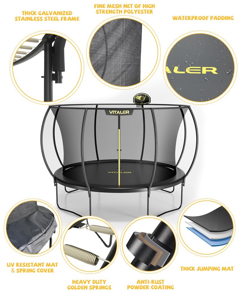 Vitaler Trampoline Outdoor 12FT with Basketball Hoop and Net Enclosure, Recreational Trampolines for Kids and Adults, Outdoor Backyard Trampoline with Anti-Rust Coated Frame, ASTM Approved