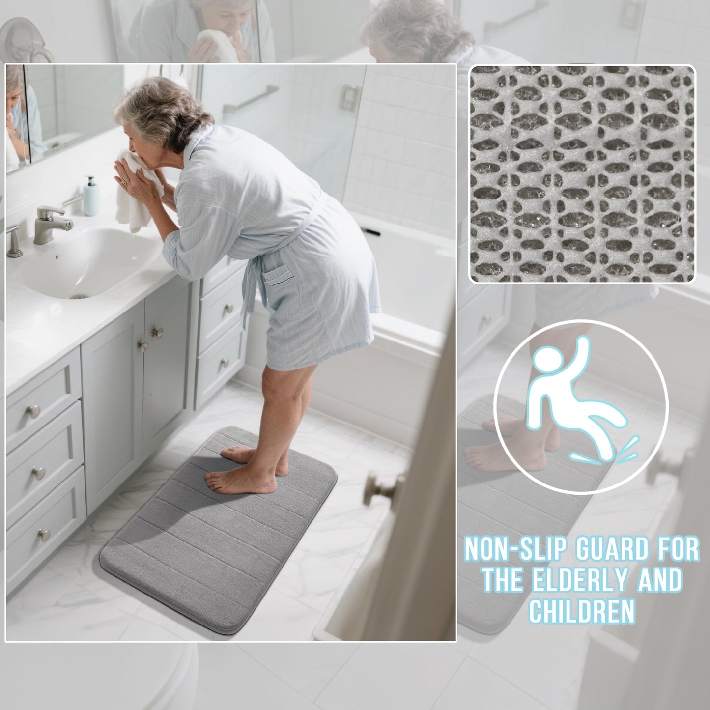 Yimobra U-Shaped Toilet Bath Mat Set 2 Piece - Super Soft Absorbent Quick Dry Memory Foam Bathroom Rugs, Machine Washable Non Slip Floor Carpet for Tub Shower & Single Sink (17x24 & 24x20, Gray)