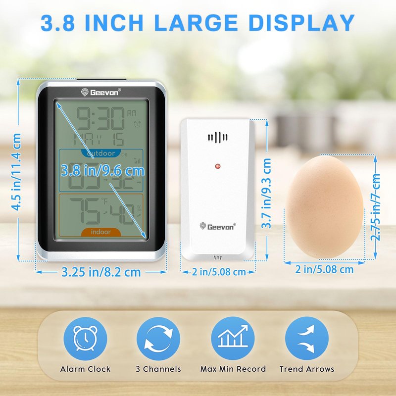 Geevon Wireless Indoor/Outdoor Thermometer & Hygrometer, Digital Temperature & Humidity Sensor with Time, Clock, 200ft/60m Range, 3.8‘’ Large Display