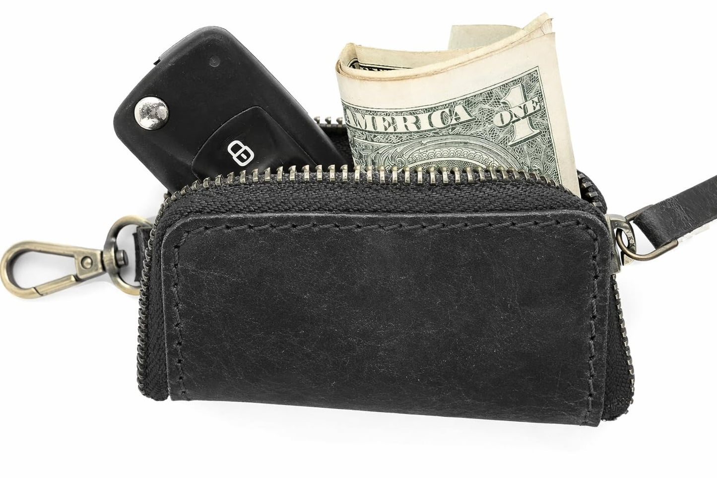 Handmade Full Grain Leather Car Key Holder & Zippered Coin Purse | Belt Loop Key Chain, Compact Earphone Holder Multi-Functional Money Purse Elegant Leather Accessory Versatile Key Organizer (Black)