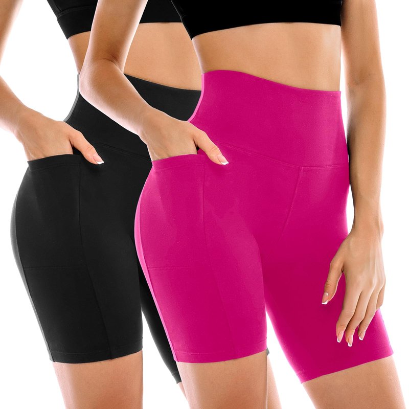 Leafigure 2 Pack Womens Biker Shorts with Pockets, High Waisted Tummy Control Yoga Shorts for Women Running Gym and Workout Black/Rose S-M
