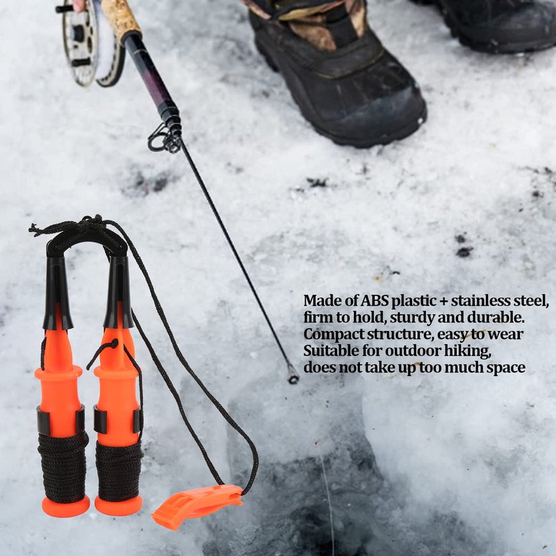 Life Saving Ice Pick, 2pcs Orange Handle Fishing Ice Picks Ice Safety Picks with Emergency Whistle Ice Fishing Picks for Camping Hiking Fishing(Black Rope)