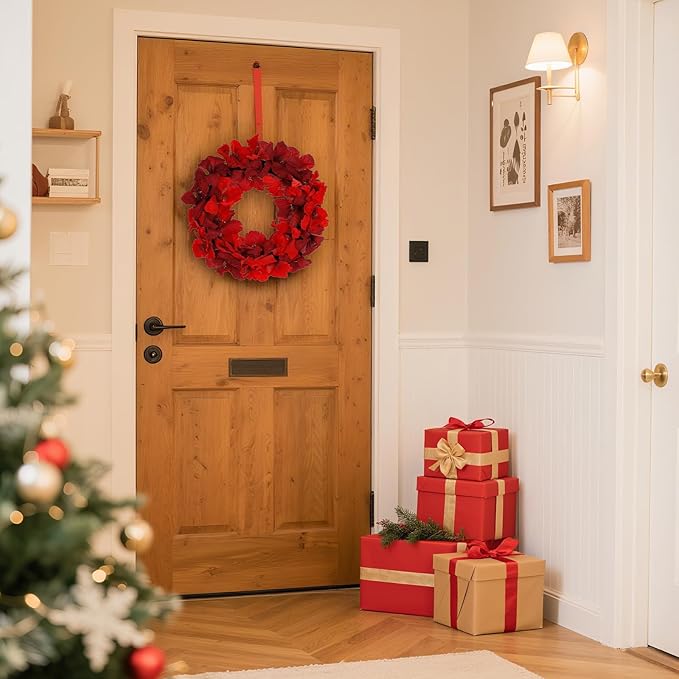 Christmas Wreath, 22-24 Inch Red Amaryllis Floral Wreath for Front Door, Winter Wreath Indoor Outdoor Holiday Decorations for Christmas Winter-unlit