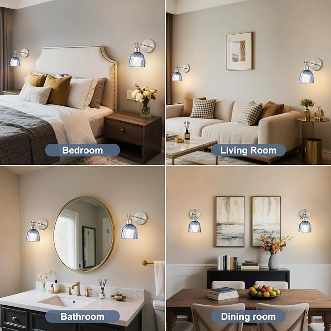 Vintage Battery Powered Cordless Wall Sconce Set of 2, Battery Wall Sconce with Blue Glass Lampshade, Rechargeable Battery Powered Wall Lights with Remote Control for Bedside Bedroom Doorway
