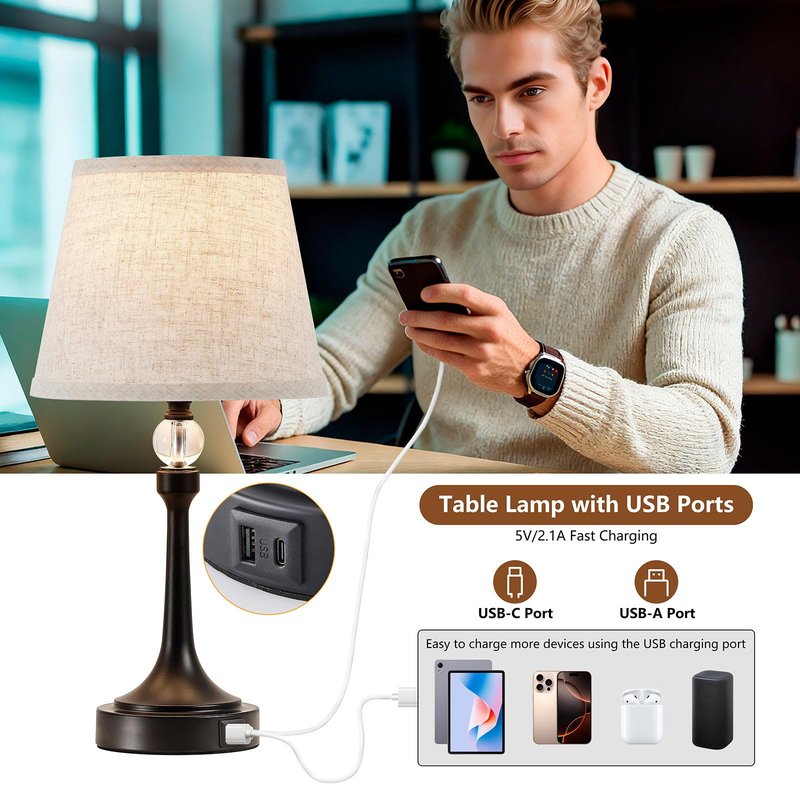 Leasgy Touch Table Lamp Set of 2 with USB C+A Ports-Black 19.7''