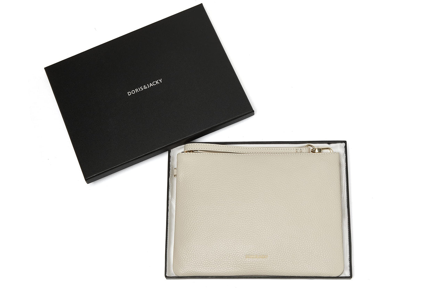 DORIS&JACKY Leather Wristlet Clutch Purse for Women Large Slim Phone Pouch Bag With Detachable Strap (Off White)