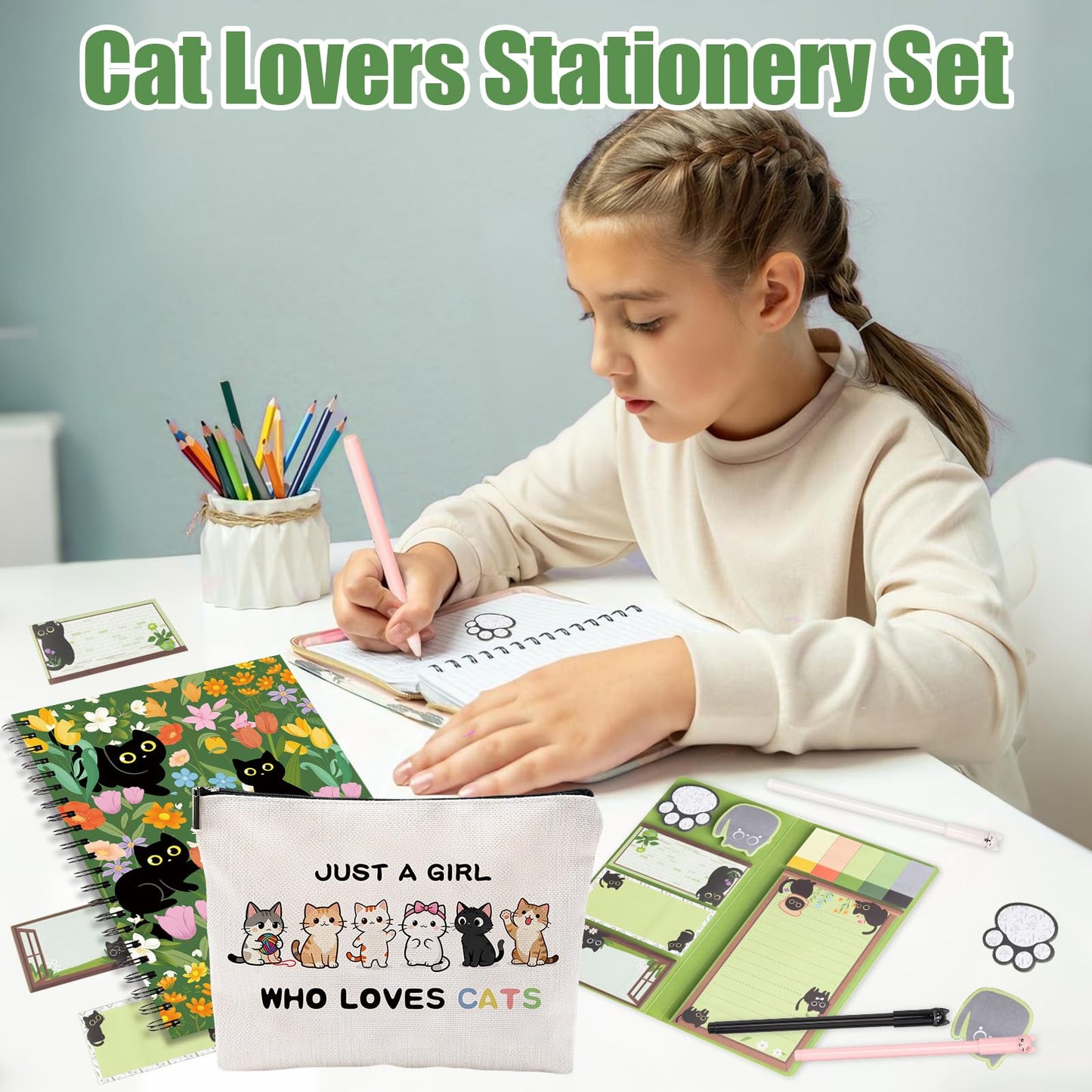 SUMMERGIFTS 6 Pcs Cat Stationery Set Pens Sticky Notes A5 Spiral Notebooks Makeup Bag Pencil Pouch for Girls Women Cute Cat Lovers Christmas Birthday Gifts School & Office Supplies (Cat Floral)