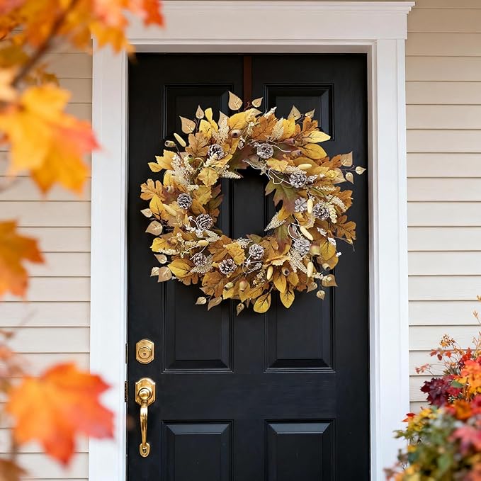 Fall Wreath for Front Door, 24 Inch Autumn Wreath with Pine Cones, Grain Ears, Oak Leaves and Maple Leaves Fall Decorations for Home, Artificial Flowers Harvest and Thanksgiving Indoor & Outdoor