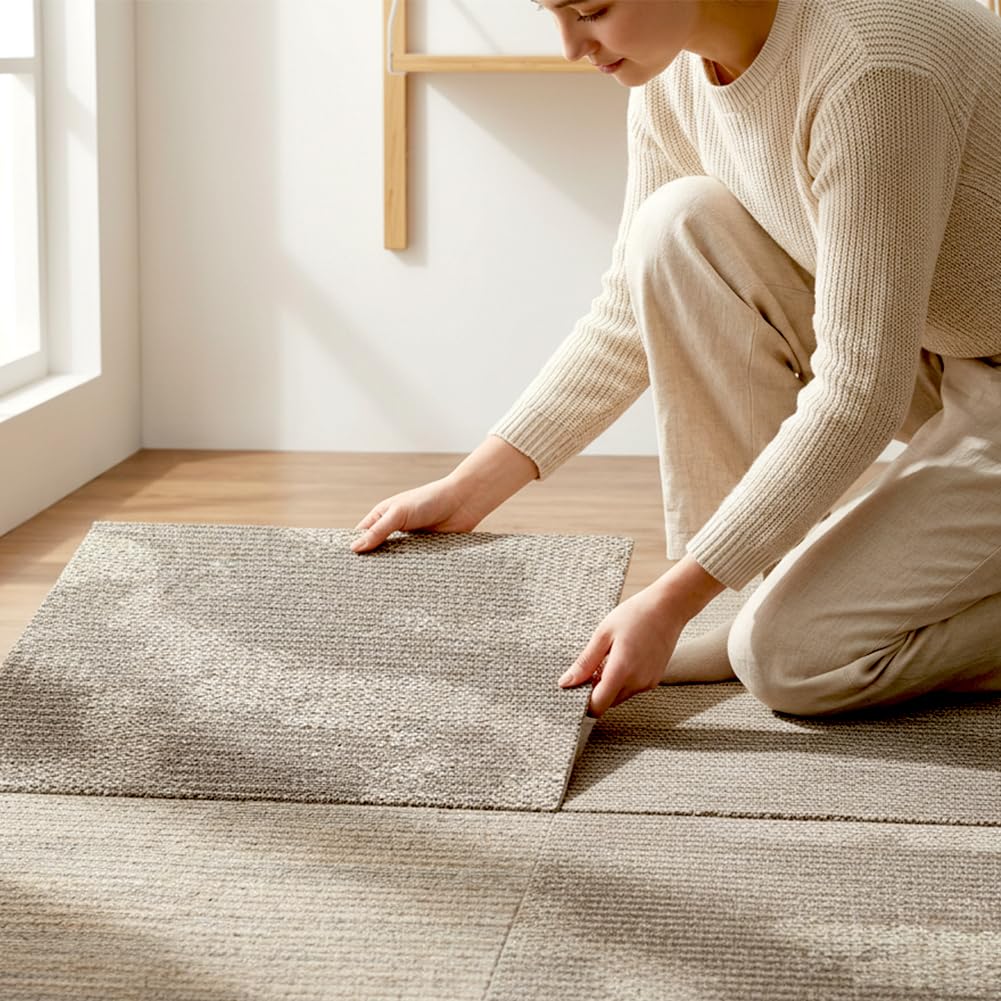 Heavy Duty Commercial Carpet Tiles 20" x 20", 22 Pcs/61.11 sq ft (FlexLok tabs Included),Non-Slip Soft Square Carpet Floor Tile for Office Bedroom Living Room Kitchen Garage Gym (Grey & Khaki)