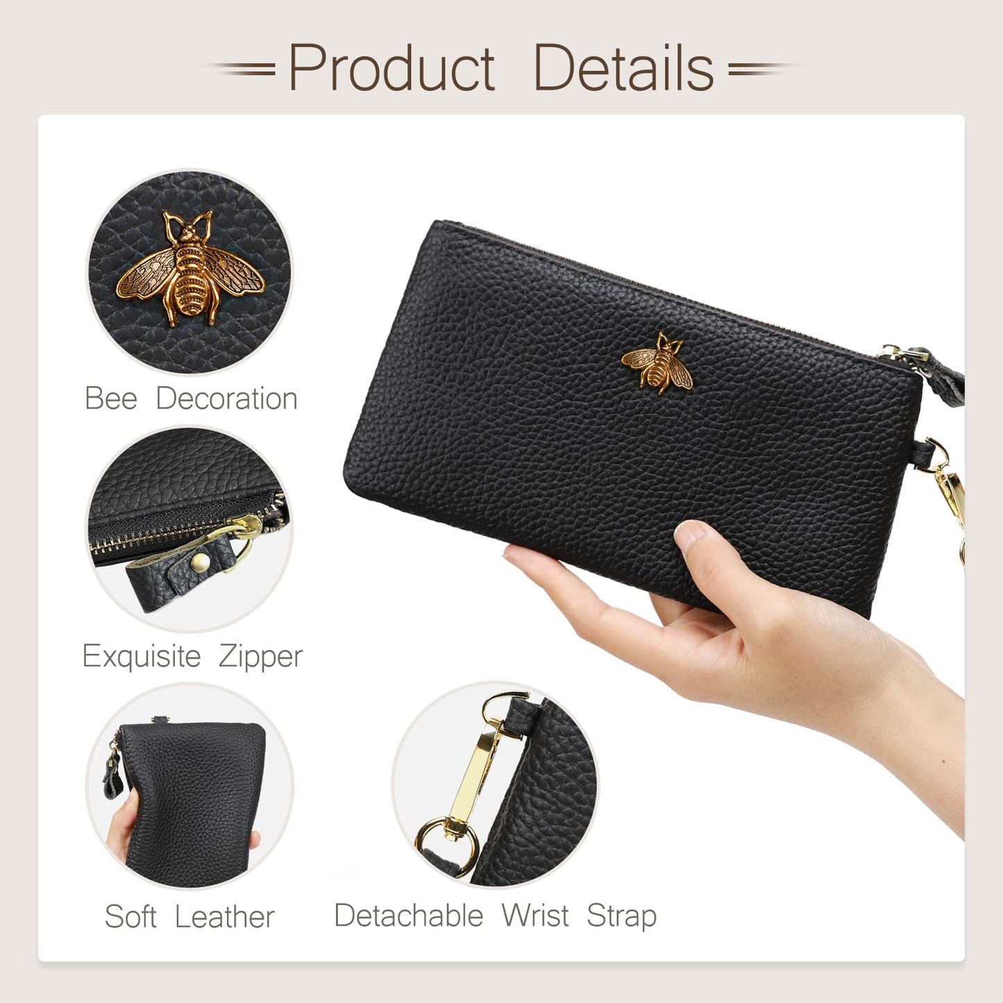 imeetu Women's Wristlet Clutch Purse Leather Cell Phone Wallet Handbag with Wrist Strap (Black)