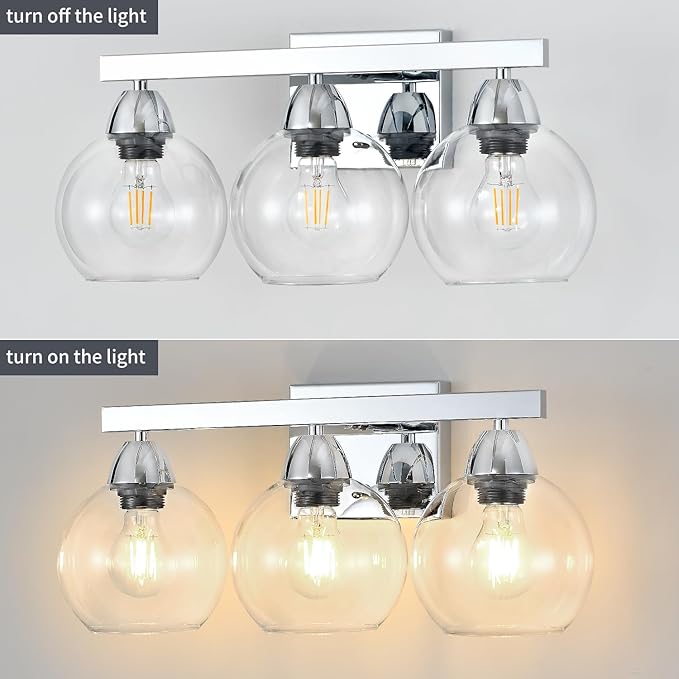 Bathroom Light Fixtures, 3-Light Silver Vanity Light with Hand-Blown Thick Glass Shades, High Transparency & Few Flaws, Wall Sconce for Mirror, Kitchen, Bedroom