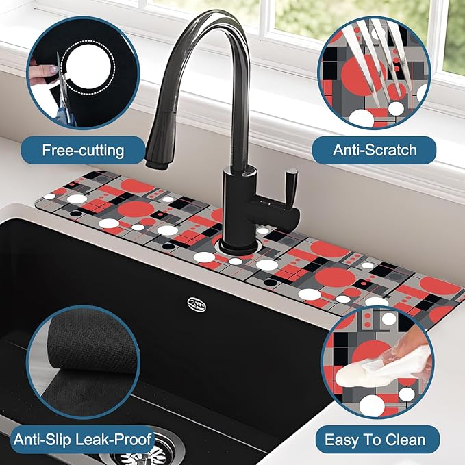Abstract Geometric Sink Splash Guard Faucet Mat Vintage Tile Super Absorbent