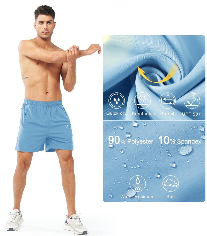NORTHYARD Men's Athletic Running Shorts Gym Workout 7"/9"/5" Quick Dry Lightweight Sports Basketball Tennis 3 Zipper Pockets SKYBLUE-5inch M