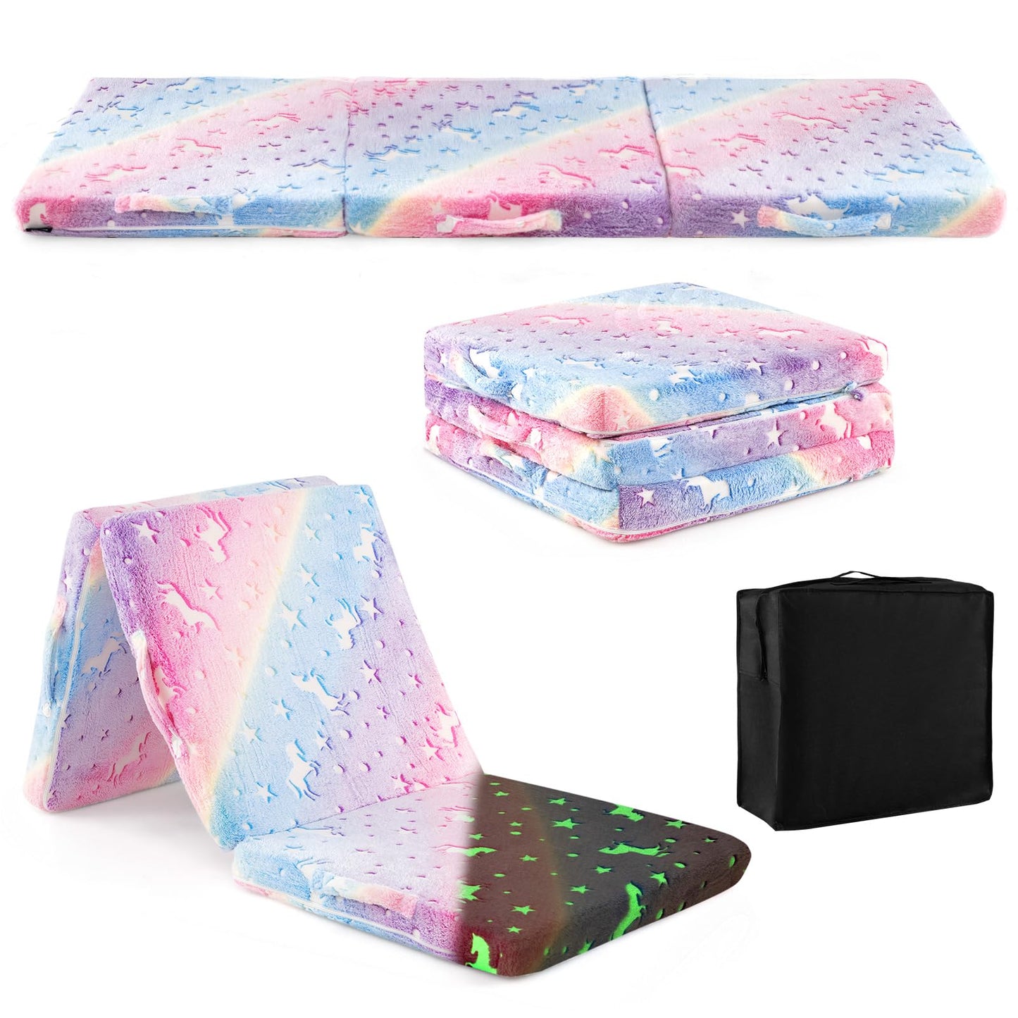 INFANS Foldable Floor Mattress for Kids, Glow in Dark Tri-Folding Nap Mat for Sleeping Daycare, Portable Foam Mattress Floor Futon Bed with Washable Cover, Storage Bag