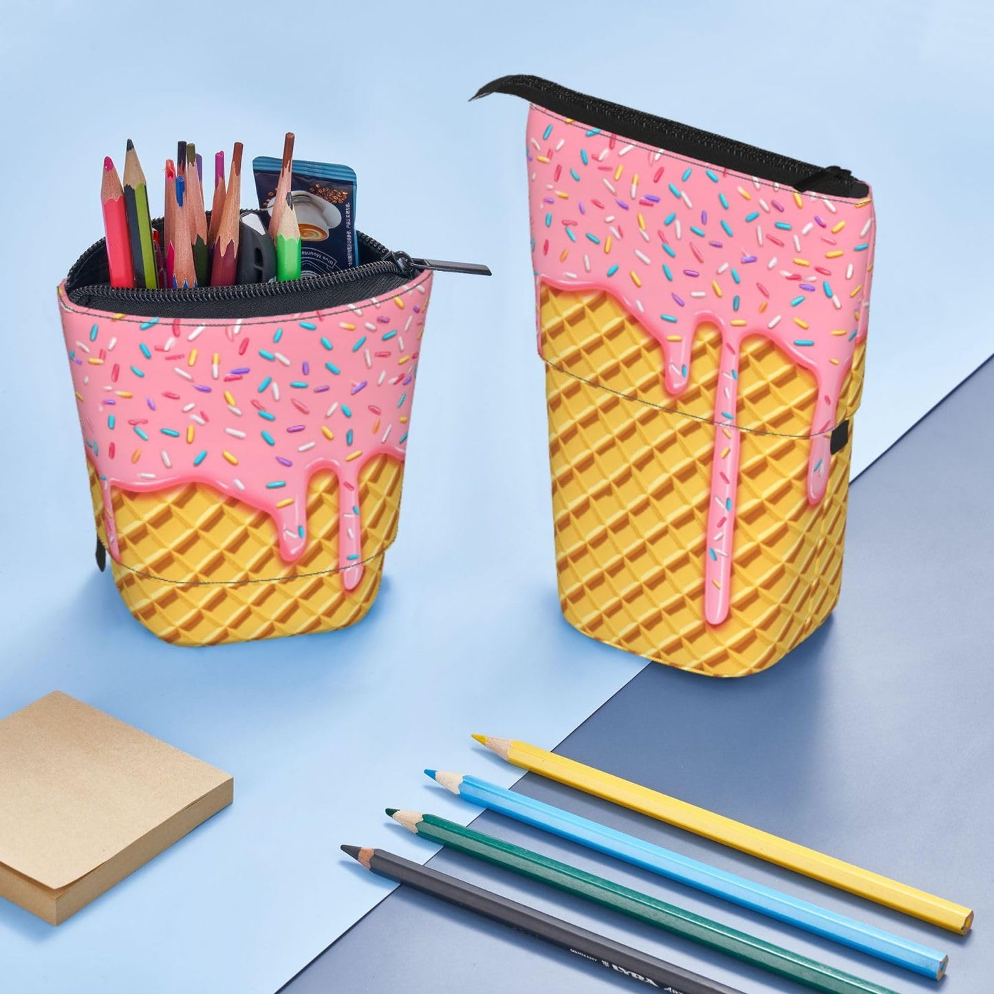 Tezmd Ice Cream Kids Standing Pencil Case Girls Boys Telescopic Stationary Pouch with Zipper Large Capacity Stand up Pen Bag Portable Makeup Holder for Children School Students Office Supplies