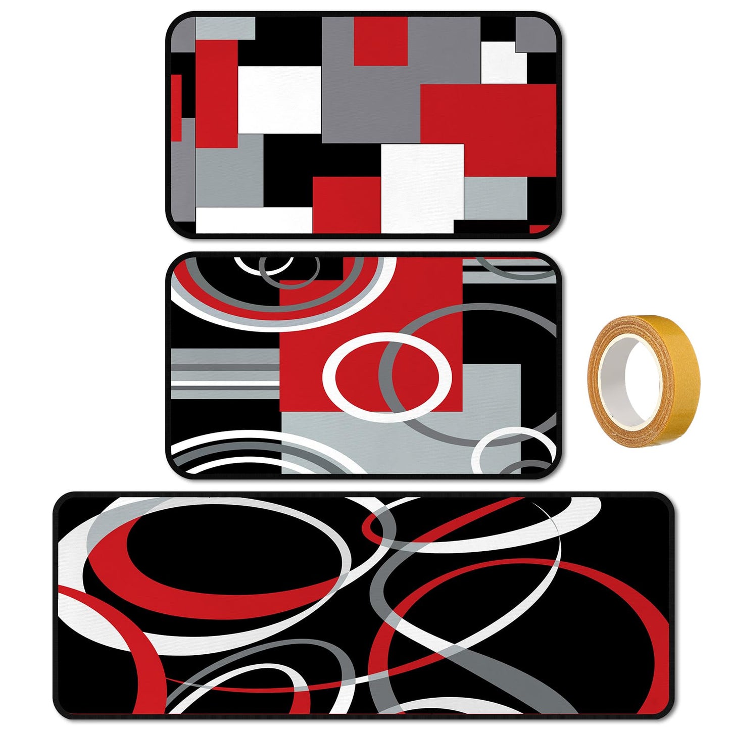 Maasechs 3 Pcs Red Black Geometric Kitchen Rugs and Mats Set Anti Fatigue Floor Mat Non Slip Washable Modern Abstract Runner Rug Minimalist Kitchen Decor for Home Office Bathroom, 17 x 30 +17 x47