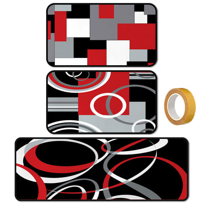 Maasechs 3 Pcs Red Black Geometric Kitchen Rugs and Mats Set Anti Fatigue Floor Mat Non Slip Washable Modern Abstract Runner Rug Minimalist Kitchen Decor for Home Office Bathroom, 17 x 30 +17 x47